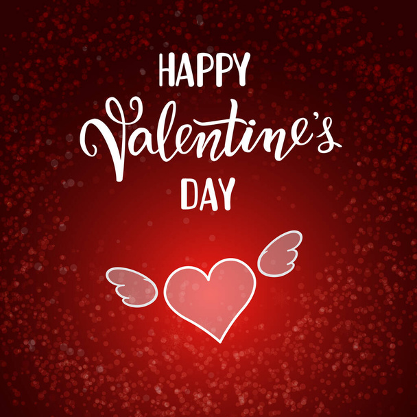 Original handwritten lettering Happy Valentine's Day and flying winded heart on a red background. Vector illustration for posters, greeting cards, banners. - Vector, Image
