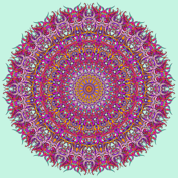 Decoración radial abstracta para chal o alfombra. Patrón circular vintage, mandala floral ornamental en colores púrpura y carmesí. Adorno para clases de meditación
. - Vector, imagen