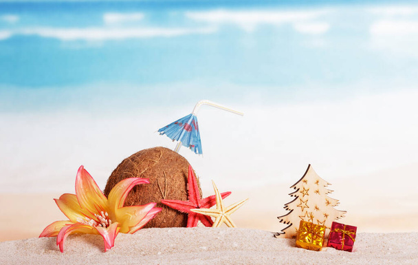 Joulutarvikkeet hiekkaan, kookos, puu, esittelee taustalla meressä
 - Valokuva, kuva