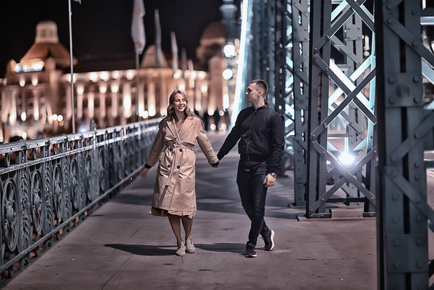 couple in love spring walk, boy and girl, city travel seasonal look - Fotoğraf, Görsel