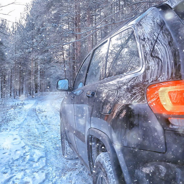 SUV las zima, samochód na drodze leśnej, krajobraz sezonowy widok na las śnieżny - Zdjęcie, obraz