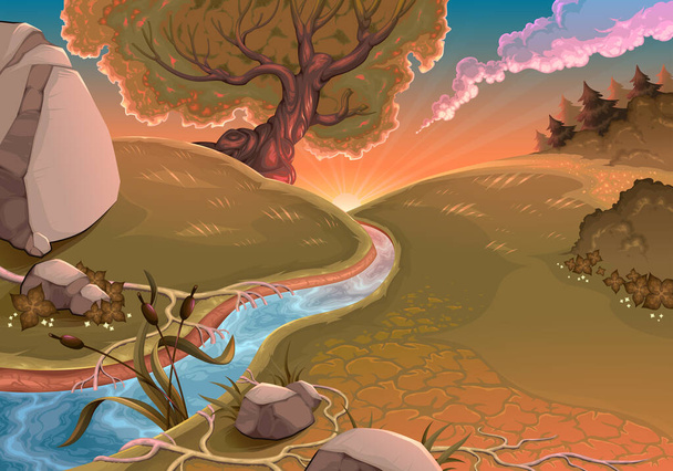 Západ slunce na klidném místě. Cartoon vector illustrstratio - Vektor, obrázek