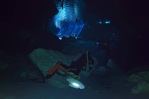 underwater world cave of yucatan cenote, dark landscape of stalactites underground, diver - Zdjęcie, obraz