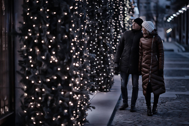 lovers couple new year street walking at winter night in the city - Photo, image