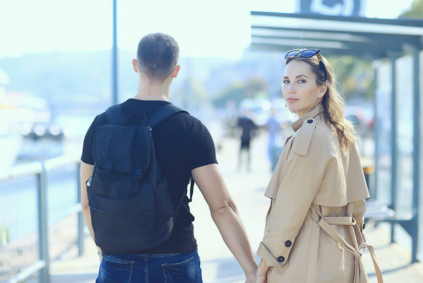 couple in love spring walk, boy and girl, city travel seasonal look - Valokuva, kuva