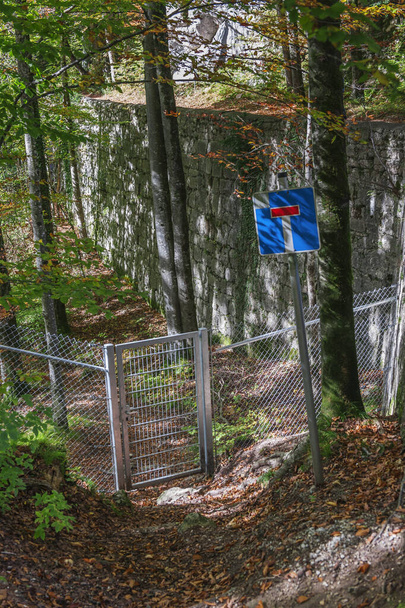 Landscape view in the forest with fence, fence gate, wall and dead end sign. - Photo, Image