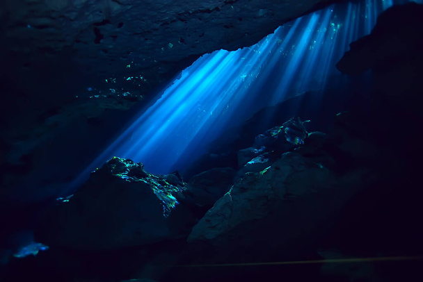 underwater landscape mexico, cenotes diving rays of light under water, cave diving background - Foto, imagen