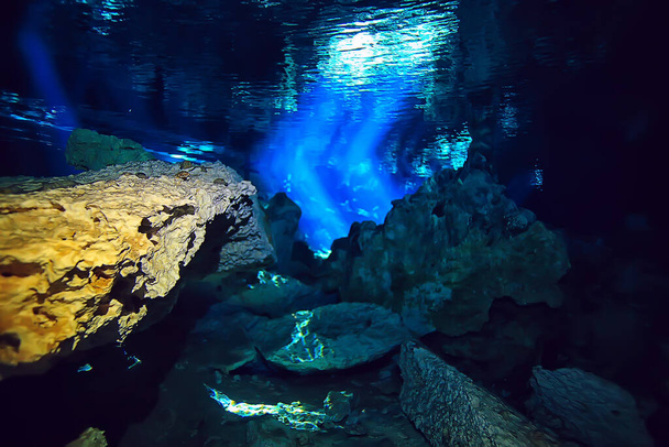 underwater landscape mexico, cenotes diving rays of light under water, cave diving background - Valokuva, kuva
