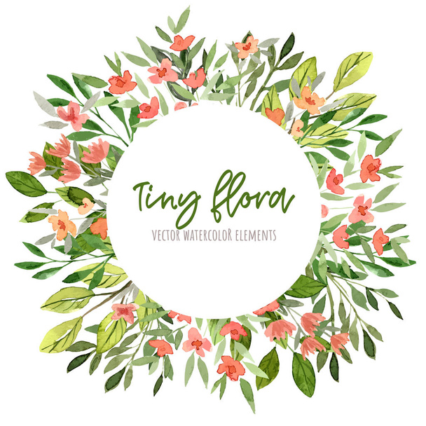 Greenery and red flowers, Round banner, watercolor tiny floral elements - Vector, Image