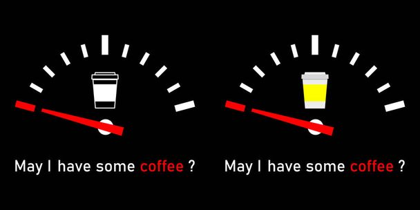 Kaffeetasse zum Mitnehmen mit Tankanzeige auf schwarzem Hintergrund, Vektorkonzept mit Monoton und Farbset. - Foto, Bild