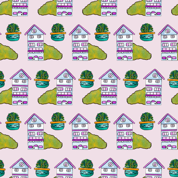 lila ház és aranyos bokor egy zökkenőmentes minta design - Fotó, kép