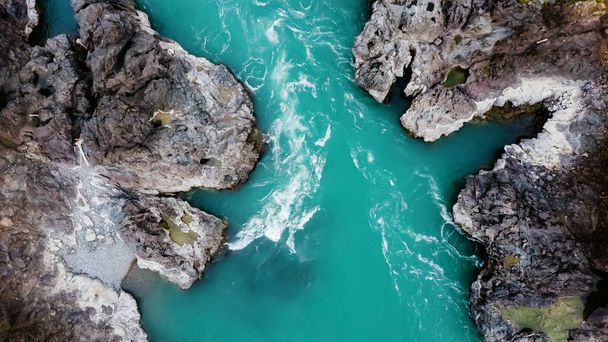 Mountain turquoise river, rocky banks aerial view. Drone shooting. Katun River, Altai. - Photo, Image