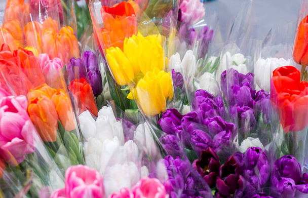 tulipáncsokrok a boltban. Színes, gyönyörű csokrok - Fotó, kép
