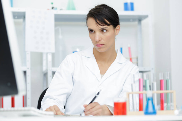 close up of scientist with tablet pc in lab - Zdjęcie, obraz