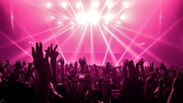 Onnelliset ihmiset tanssivat yökerhon DJ-keikalla ja kuuntelevat DJ:n elektronista tanssimusiikkia lavalla. Siluetti iloinen väkijoukko juhlia uudenvuoden puolue 2020. Ihmiset elämäntapa DJ yöelämä. - Valokuva, kuva