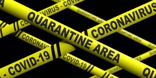 Covid19 coronavirus carantine area. Текст на жовтих попереджувальних смугах, чорний колір фону. Поширена концепція пандемії. 3d ілюстрація - Фото, зображення