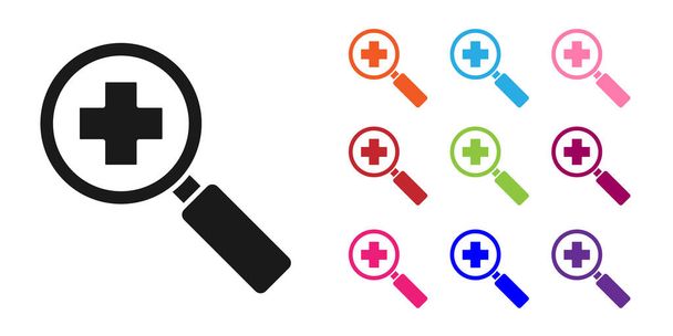 Black Magnifying glass for search medical icon isolated on white background. Hospital search. Set icons colorful. Vector Illustration - Vector, Image