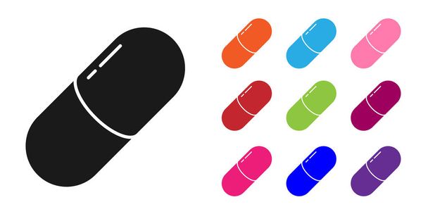 黒い薬やタブレットのアイコンは、白い背景に分離.カプセルピルと薬のサイン.薬局の設計。カラフルなアイコンを設定します。ベクトルイラストレーション - ベクター画像