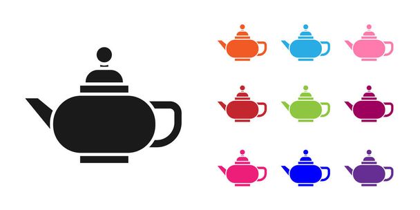 Черный традиционный китайский чайная церемония икона изолированы на белом фоне. Чайник с чашкой. Набор иконок красочный. Векторная миграция
 - Вектор,изображение