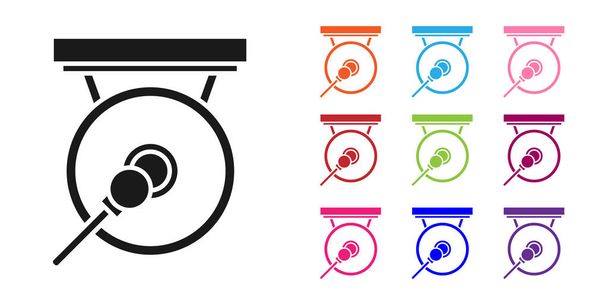 Black Gong musical percussion instrument circular metal disc and hammer icon isolated on white background. Set icons colorful. Vector Illustration - Vector, Image