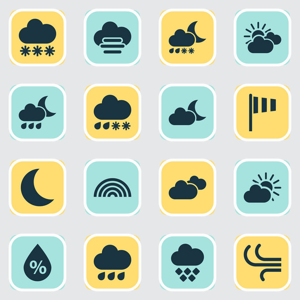 Időjárási ikonok szivárvánnyal, széllel, részben felhős és egyéb időjárási elemekkel. Elszigetelt illusztráció időjárási ikonok. - Fotó, kép