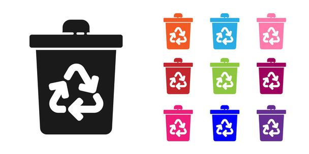 Cubo de reciclaje negro con icono de símbolo de reciclaje aislado sobre fondo blanco. Icono de bote de basura. Cartel de basura. Reciclar signo de cesta. Establecer iconos de colores. Ilustración vectorial
 - Vector, Imagen