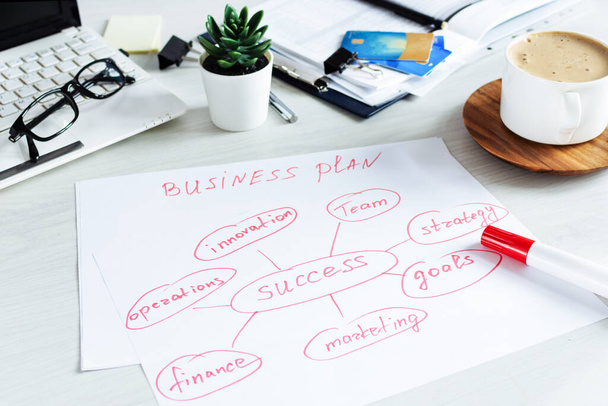 Bosquejo de la idea del plan de negocios con estrategia y gráfico. Concepto de planificación empresarial. Oficina de trabajo
. - Foto, imagen