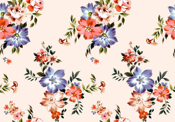 Seamless colored flowers for textile; Repeat retro style floral , vintage style with light background. - Фото, изображение