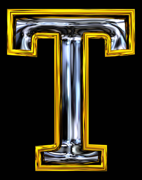 3D rendering. Uppercase Letter T. Embossed steel modern. New high resolution ABC render.  Fresh Door number style font. Gold rimmed. Isolated on black background. - Photo, Image