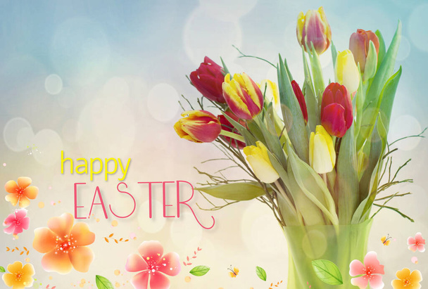 Happy Easter greeting card with beautiful yellow and red tulip flowers - 写真・画像