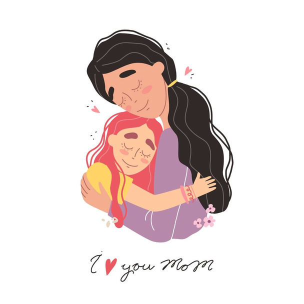 Beautiful young woman and her charming little daughter. Girl hugs mom and smiles - Vector, afbeelding