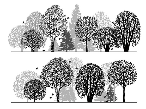 Schwarze Baumsilhouetten auf weißem Hintergrund. Winterwald. Sommerwald. Set von Silhouetten verschiedener Bäume. Handgezeichnet - Vektor, Bild