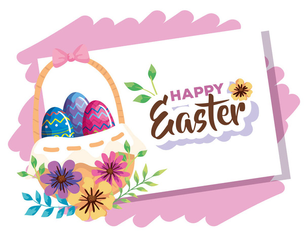happy easter card with eggs decorated in basket wicker - Διάνυσμα, εικόνα