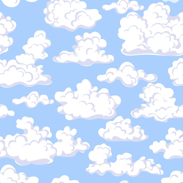 Απρόσκοπτη μοτίβο γίνεται με αιωρούμενα σύννεφα σε μπλε ουρανό. Ατελείωτη υφή με λευκό πυκνό σύννεφο σε μπλε φόντο διανυσματική απεικόνιση κινουμένων σχεδίων  - Διάνυσμα, εικόνα
