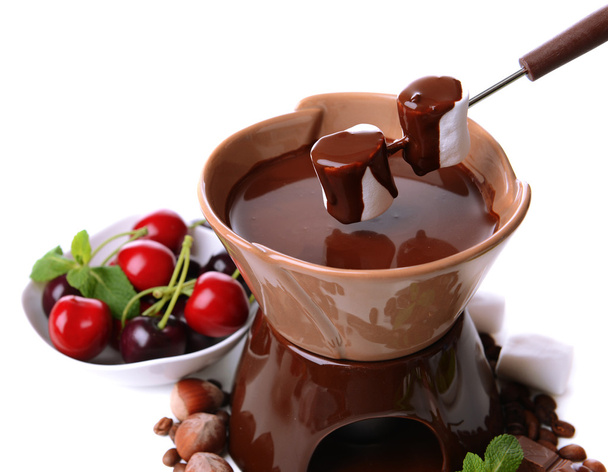 Chocolate fondue with fruits, isolated on white - Fotoğraf, Görsel