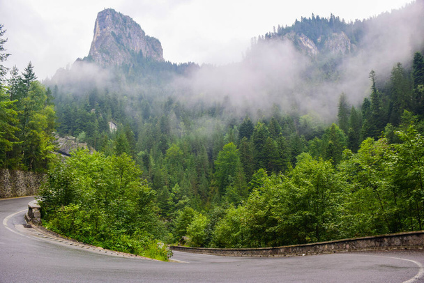 Дорога Біказ-Ущелина в Румунії, є одним з найбільш видовищних шляхів в країні, розташованих в Карпатських горах. Високі скелі ущелини розділені гірською річкою Біказ.. - Фото, зображення