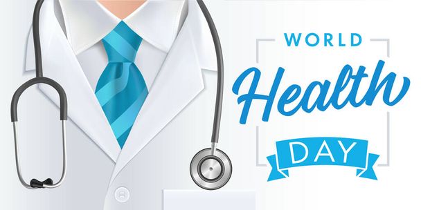 Giornata Mondiale della Salute 7 aprile, medico & stetoscopio banner. Illustrazione del vettore concettuale per la Giornata della salute con medico, stetoscopio e cravatta blu sullo sfondo
 - Vettoriali, immagini