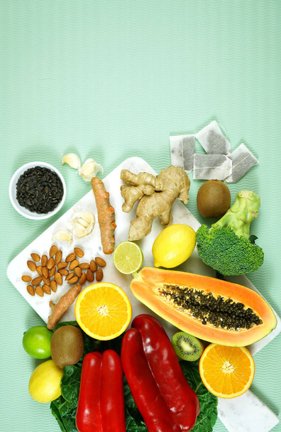 Foods that boost the Immune System including fruit, vegetables and poultry. - Photo, Image