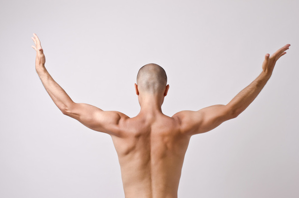 Topless dancer, man stripper posing with his back and arms up opened. - 写真・画像