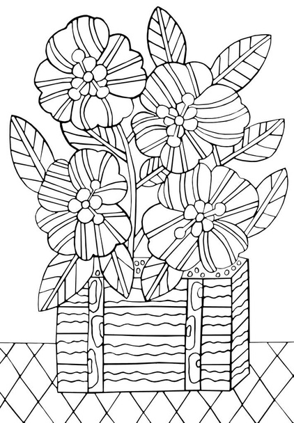 Garden spring flowers in a wooden box. Hand drawing coloring book for children and adults. One of a series of painted pictures. - Photo, Image