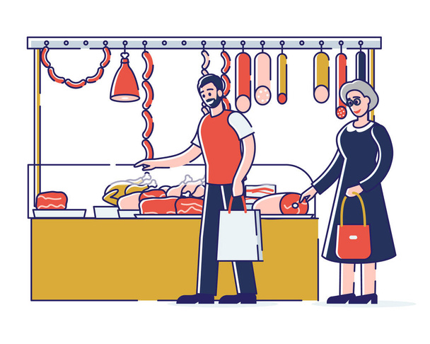 Butchery Shop Concept. La gente sceglie e compra prodotti a base di carne, mettendosi in coda. Assortimento fresco di vari tipi di carne e prodotti a base di carne. Illustrazione vettoriale piana del contorno lineare del fumetto
 - Vettoriali, immagini
