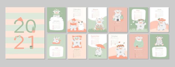 ημερολόγιο ή σχεδιαστής 2021 kawaii βόδι κινουμένων σχεδίων, ταύρος ή αγελάδα, σύμβολο του νέου έτους, χαριτωμένο χαρακτήρες. Εξώφυλλο και 12 μηνιαίες σελίδες. Εβδομάδα ξεκινά τη Δευτέρα, διάνυσμα  - Διάνυσμα, εικόνα
