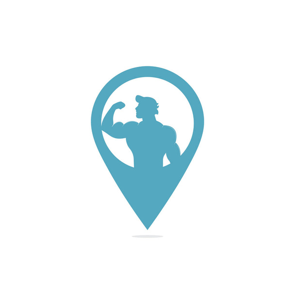 Fitness-Karte Pin-Form-Konzept-Logo, Fitness-Vektor-Logo-Vorlage. Fitness oder Gym Club Emblem mit posierendem athletischen Mann. - Vektor, Bild