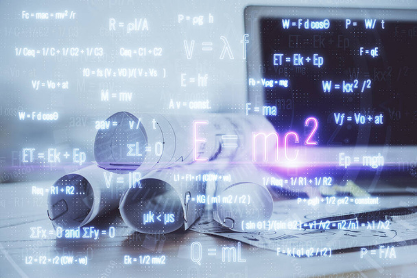 Desktop computer background and formula hologram writing. Double exposure. Education concept. - Photo, Image