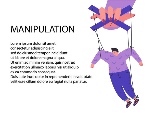 A woman manipulates and abuses a man.Manipulation female hand.Unhealthy toxic relationships where a woman manipulates a man.Flat cartoon character isolated on white background.Vector illustration. - Vector, Image