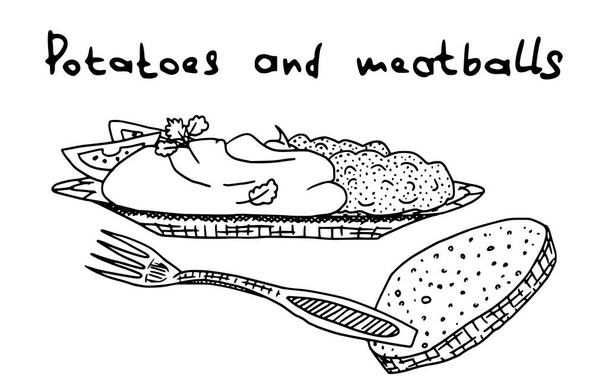 эскиз блюдо из картошки и мяса. векторное изображение
 - Вектор,изображение