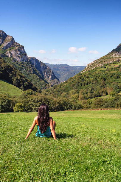 Landscape of woman in mountains of Asturias, Spain - Foto, imagen