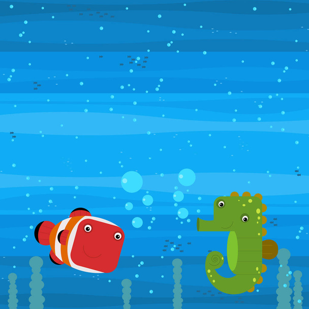 Happy cartoon underwater scene with swimming coral reef fishes illustration for children - Foto, Bild