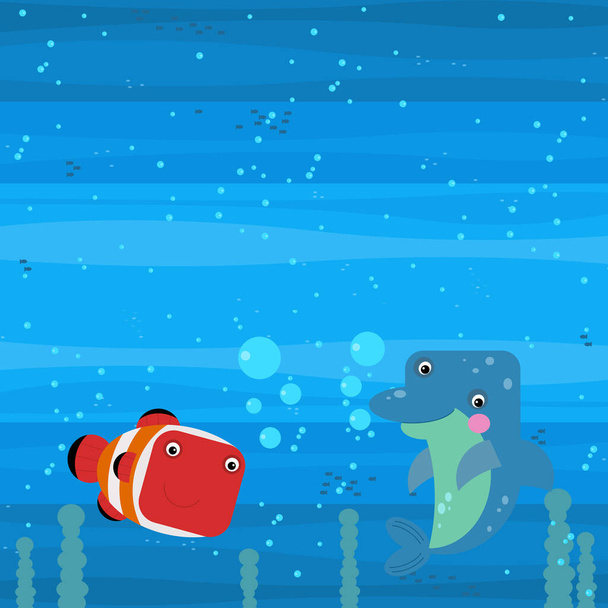 Happy cartoon underwater scene with swimming coral reef fishes illustration for children - 写真・画像