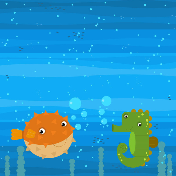 Happy cartoon undersea scene with swimming coral reef fishes illustration for children - Foto, Bild